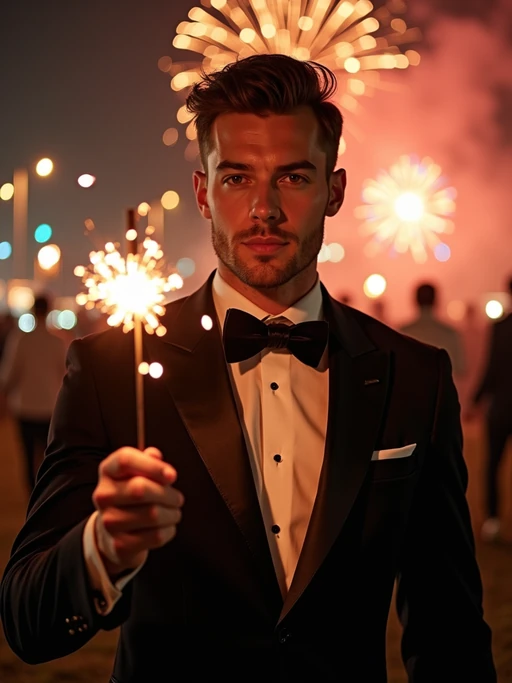Front view of model in if(gender=f){a shimmering silver gown with intricate sequins} if(gender=m){a sleek black tuxedo with a velvet bow tie}. The model is holding a sparkler in a festive environment with colorful fireworks in the background. Cinematic lighting.