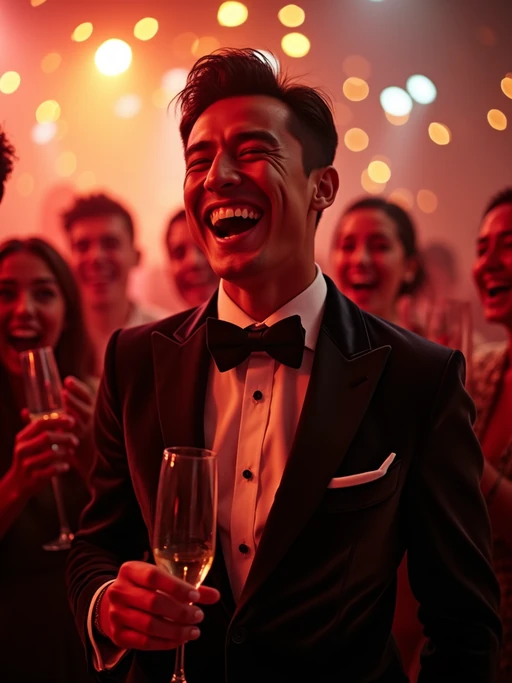 Candid view of model laughing joyfully, dressed as if(gender=f){a glamorous diva in a sparkling silver dress with bold makeup} if(gender=m){a suave gentleman in a tailored velvet blazer with a bow tie}. Set in a vibrant party scene, surrounded by people cheering and raising champagne glasses. Dynamic lighting.