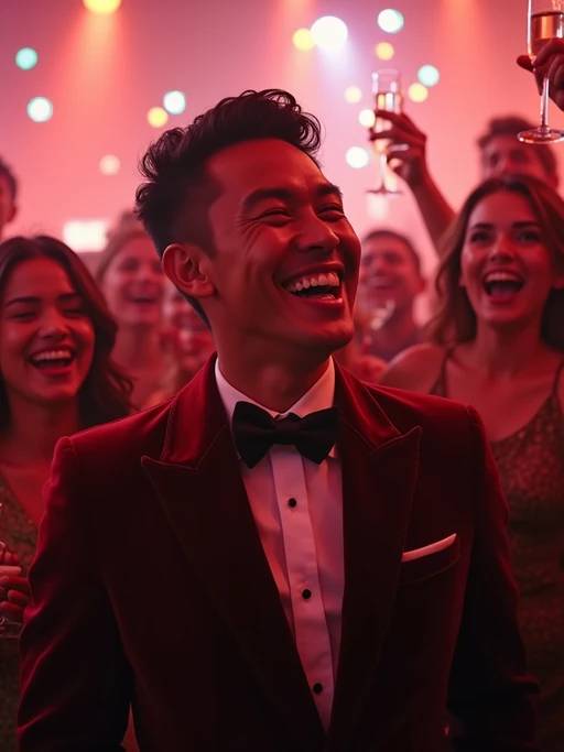 Candid view of model laughing joyfully, dressed as if(gender=f){a glamorous diva in a sparkling silver dress with bold makeup} if(gender=m){a suave gentleman in a tailored velvet blazer with a bow tie}. Set in a vibrant party scene, surrounded by people cheering and raising champagne glasses. Dynamic lighting.