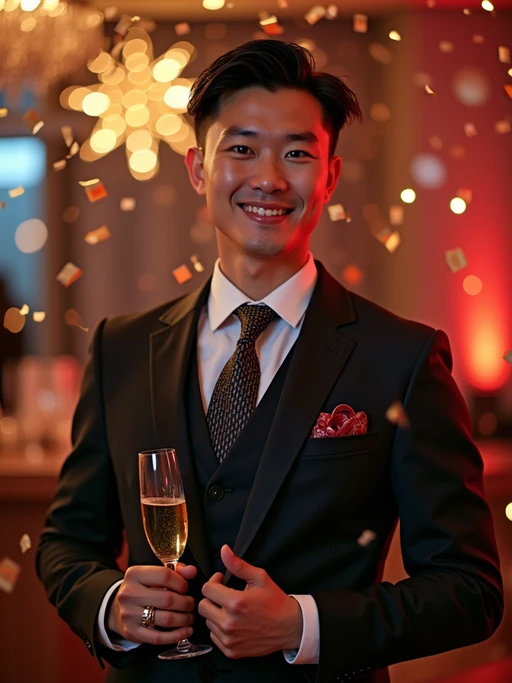 Model posing confidently, wearing if(gender=f){a glamorous gold evening dress with a thigh-high slit and elegant jewelry} if(gender=m){a classy three-piece suit with a patterned tie and cufflinks}. Surrounded by champagne glasses and confetti in a luxurious New Year’s Eve party setting. Vibrant lighting.