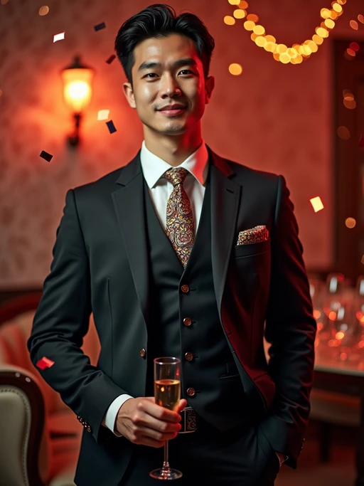 Model posing confidently, wearing if(gender=f){a glamorous gold evening dress with a thigh-high slit and elegant jewelry} if(gender=m){a classy three-piece suit with a patterned tie and cufflinks}. Surrounded by champagne glasses and confetti in a luxurious New Year’s Eve party setting. Vibrant lighting.