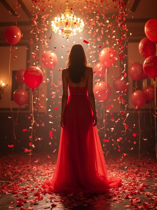 Wide shot of model standing amidst a cascade of confetti. The model wears if(gender=f){a sexy red cocktail dress with shimmering heels} if(gender=m){a stylish navy suit with a festive tie}. The scene features a decorated ballroom with 'Happy New Year' balloons. Soft glowing lighting.