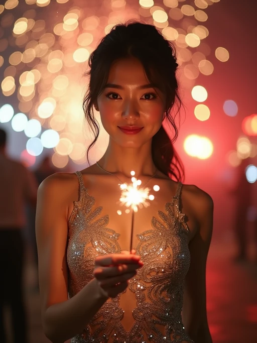 Front view of model in if(gender=f){a shimmering silver gown with intricate sequins} if(gender=m){a sleek black tuxedo with a velvet bow tie}. The model is holding a sparkler in a festive environment with colorful fireworks in the background. Cinematic lighting.