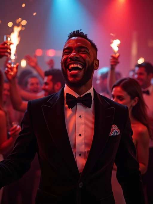 Candid view of model laughing joyfully, dressed as if(gender=f){a glamorous diva in a sparkling silver dress with bold makeup} if(gender=m){a suave gentleman in a tailored velvet blazer with a bow tie}. Set in a vibrant party scene, surrounded by people cheering and raising champagne glasses. Dynamic lighting.
