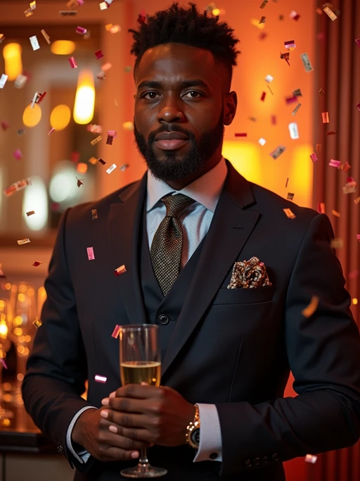 Model posing confidently, wearing if(gender=f){a glamorous gold evening dress with a thigh-high slit and elegant jewelry} if(gender=m){a classy three-piece suit with a patterned tie and cufflinks}. Surrounded by champagne glasses and confetti in a luxurious New Year’s Eve party setting. Vibrant lighting.