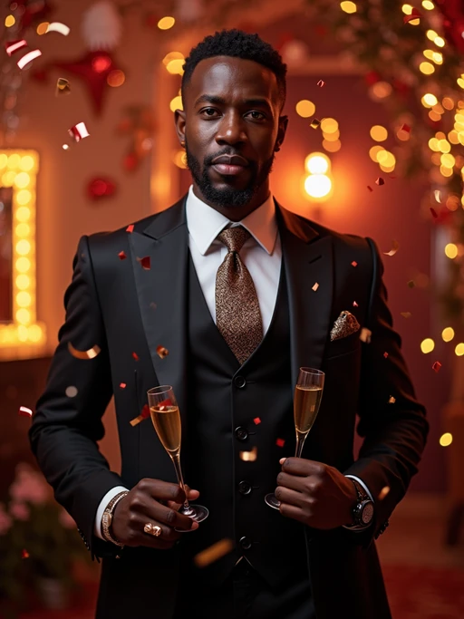 Model posing confidently, wearing if(gender=f){a glamorous gold evening dress with a thigh-high slit and elegant jewelry} if(gender=m){a classy three-piece suit with a patterned tie and cufflinks}. Surrounded by champagne glasses and confetti in a luxurious New Year’s Eve party setting. Vibrant lighting.