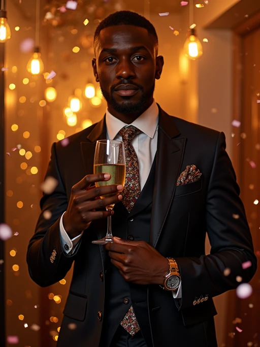 Model posing confidently, wearing if(gender=f){a glamorous gold evening dress with a thigh-high slit and elegant jewelry} if(gender=m){a classy three-piece suit with a patterned tie and cufflinks}. Surrounded by champagne glasses and confetti in a luxurious New Year’s Eve party setting. Vibrant lighting.