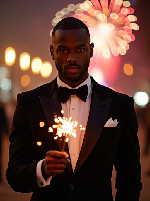 Front view of model in if(gender=f){a shimmering silver gown with intricate sequins} if(gender=m){a sleek black tuxedo with a velvet bow tie}. The model is holding a sparkler in a festive environment with colorful fireworks in the background. Cinematic lighting.