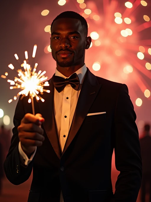 Front view of model in if(gender=f){a shimmering silver gown with intricate sequins} if(gender=m){a sleek black tuxedo with a velvet bow tie}. The model is holding a sparkler in a festive environment with colorful fireworks in the background. Cinematic lighting.