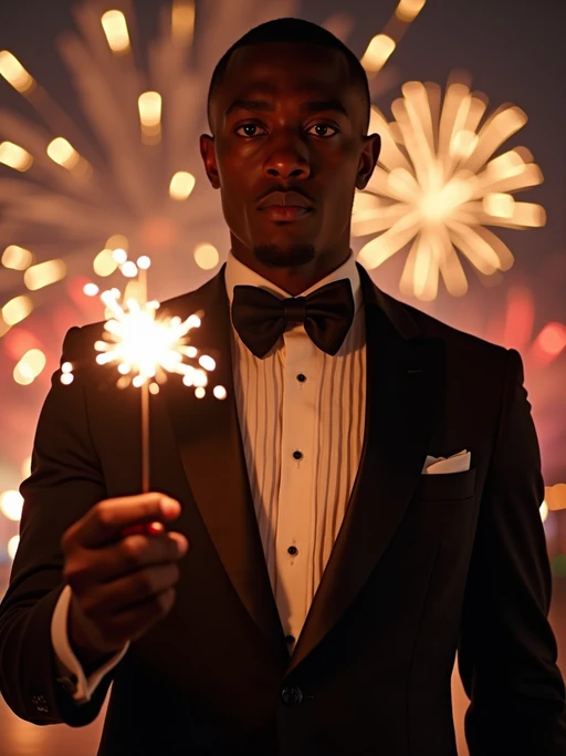 Front view of model in if(gender=f){a shimmering silver gown with intricate sequins} if(gender=m){a sleek black tuxedo with a velvet bow tie}. The model is holding a sparkler in a festive environment with colorful fireworks in the background. Cinematic lighting.
