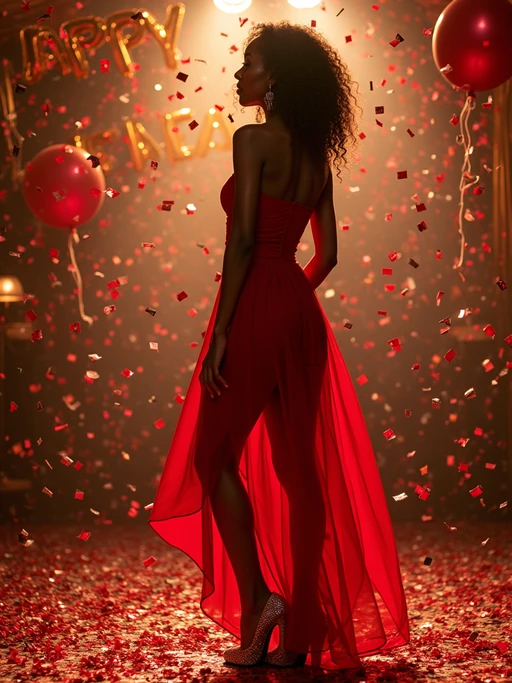 Wide shot of model standing amidst a cascade of confetti. The model wears if(gender=f){a sexy red cocktail dress with shimmering heels} if(gender=m){a stylish navy suit with a festive tie}. The scene features a decorated ballroom with 'Happy New Year' balloons. Soft glowing lighting.