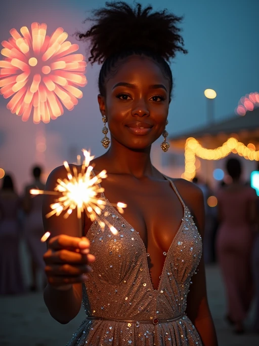 Front view of model in if(gender=f){a shimmering silver gown with intricate sequins} if(gender=m){a sleek black tuxedo with a velvet bow tie}. The model is holding a sparkler in a festive environment with colorful fireworks in the background. Cinematic lighting.