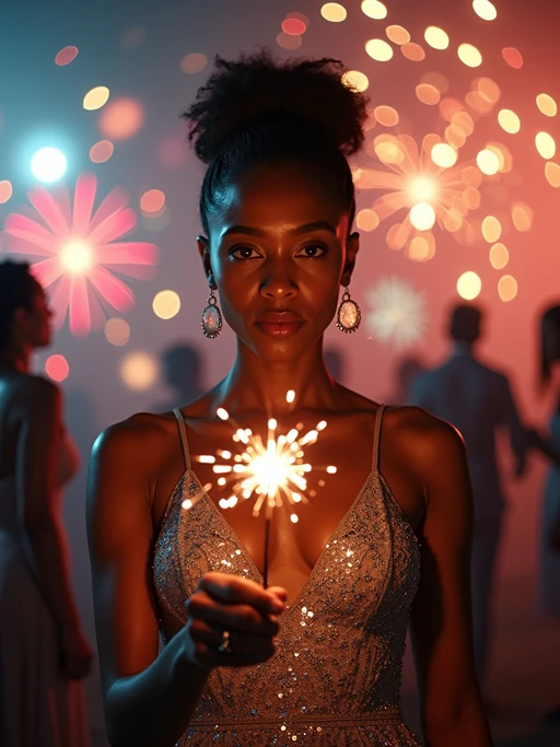 Front view of model in if(gender=f){a shimmering silver gown with intricate sequins} if(gender=m){a sleek black tuxedo with a velvet bow tie}. The model is holding a sparkler in a festive environment with colorful fireworks in the background. Cinematic lighting.