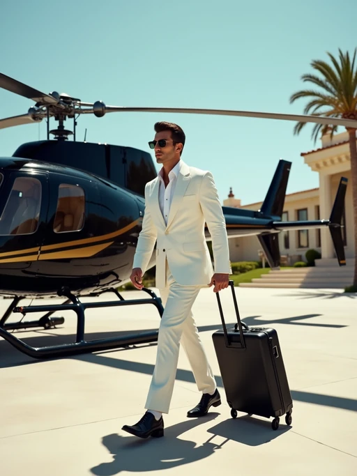 Full-body shot of a model stepping confidently away from a sleek, black helicopter on a luxurious helipad. The model is wearing if(gender=f){black belted mini dress with a structured design, featuring a fitted bodice and flared skirt} if(gender=m){a tailored white suit with sunglasses, polished dress shoes and a stylish suitcase}. The backdrop features a clear sky, palm trees, and a luxurious architectural setting, emphasizing a high-end, elite lifestyle. Dramatic sunlight enhances the glamorous scene