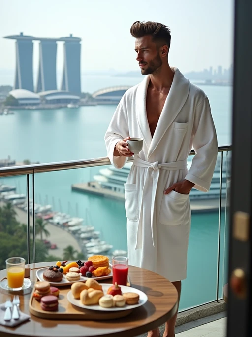 model standing on a luxurious balcony, overlooking a vibrant marina and modern skyscrapers. The model is wearing if(gender=f){a white robe with their hair styled in a ponytail} if(gender=m){a white robe with neatly styled hair}, holding a coffee cup in one hand. A lavish breakfast tray with fresh pastries, colorful fruits, macarons, and beverages is elegantly set on a table in the foreground. The atmosphere is serene, with soft daylight enhancing the opulent cityscape and indulgent setting