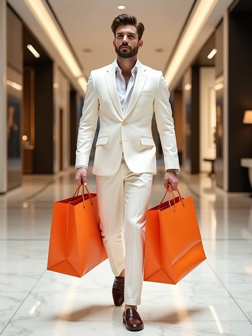 model wearing if(gender=f){fitted white skin tight bodycon dress} if(gender=m){fitted white suit with loafers}, holding many big orange luxury brand shopping bags in marble floor large luxury mall.