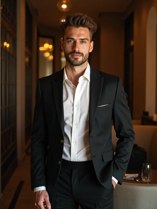 Full-body front view shot of model enjoying a luxury gala dinner, dressed as if(gender=f){a chic red fitted evening dress with pearl earrings} if(gender=m){a formal dinner jacket with a crisp white shirt}. High end luxury restaurant.