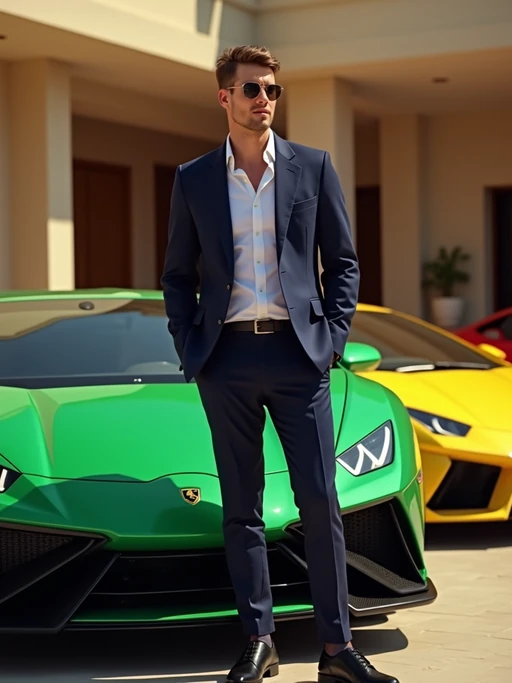 Full-body shot of of model standing next to a luxury car, wearing if(gender=f){an elegant white cocktail dress with high heels} if(gender=m){a sophisticated navy blazer and tailored trousers}. The background features a luxury design villa in Dubai with green, yellow and red sports cars. Vibrant lighting.