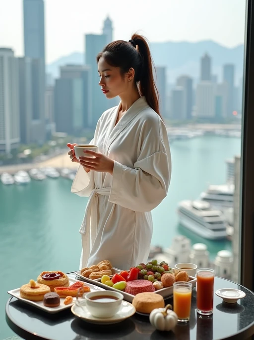 model standing on a luxurious balcony, overlooking a vibrant marina and modern skyscrapers. The model is wearing if(gender=f){a white robe with their hair styled in a ponytail} if(gender=m){a white robe with neatly styled hair}, holding a coffee cup in one hand. A lavish breakfast tray with fresh pastries, colorful fruits, macarons, and beverages is elegantly set on a table in the foreground. The atmosphere is serene, with soft daylight enhancing the opulent cityscape and indulgent setting