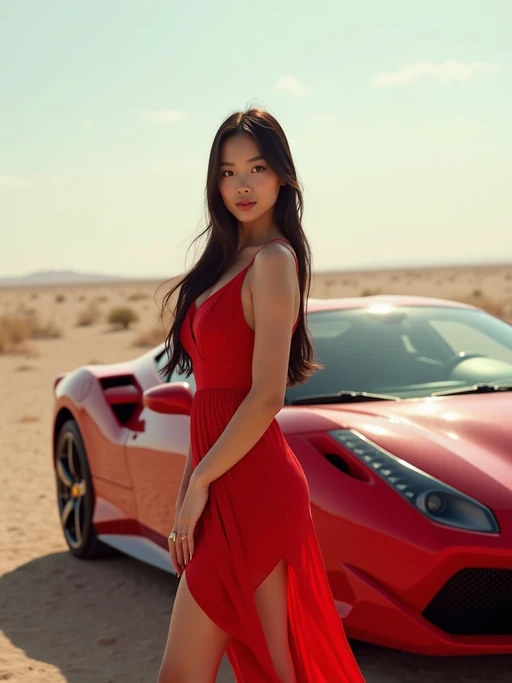 full-body shot of a confident model standing next to a red luxury ferrari sports car in a desert setting. 