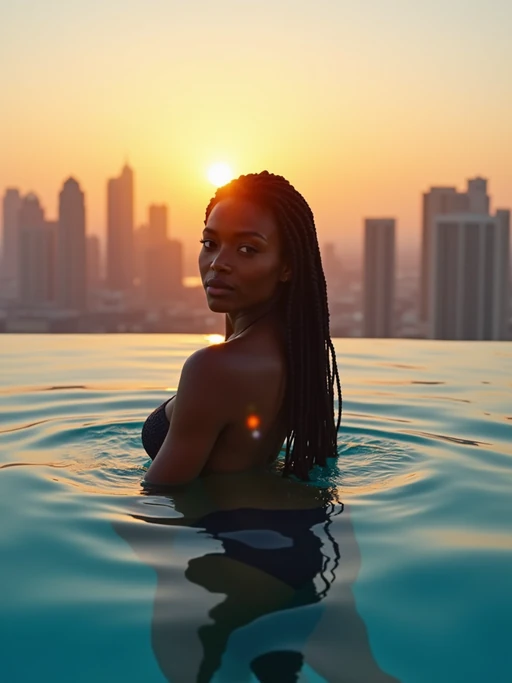 Full-body shot of model in infinity pool overlooking the skyline of Dubai at golden hour sunset. Model looks into the camera. upper body is outside the water.
