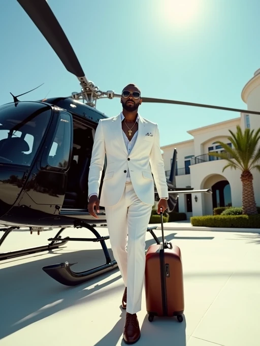 Full-body shot of a model stepping confidently away from a sleek, black helicopter on a luxurious helipad. The model is wearing if(gender=f){black belted mini dress with a structured design, featuring a fitted bodice and flared skirt} if(gender=m){a tailored white suit with sunglasses, polished dress shoes and a stylish suitcase}. The backdrop features a clear sky, palm trees, and a luxurious architectural setting, emphasizing a high-end, elite lifestyle. Dramatic sunlight enhances the glamorous scene