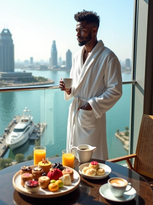model standing on a luxurious balcony, overlooking a vibrant marina and modern skyscrapers. The model is wearing if(gender=f){a white robe with their hair styled in a ponytail} if(gender=m){a white robe with neatly styled hair}, holding a coffee cup in one hand. A lavish breakfast tray with fresh pastries, colorful fruits, macarons, and beverages is elegantly set on a table in the foreground. The atmosphere is serene, with soft daylight enhancing the opulent cityscape and indulgent setting