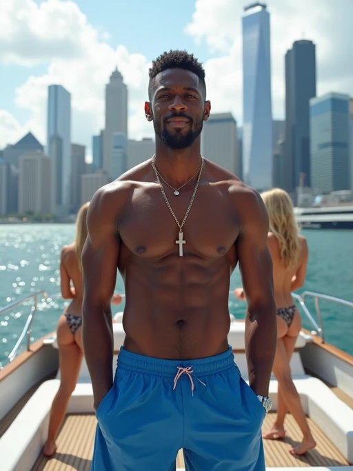 Full-body shot of a model in if(gender=f){white bikini} if(gender=m){blue swim shorts} posing confidently on a luxury yacht, set against a stunning modern city skyline with tall skyscrapers. The model is surrounded by beautiful blonde women in bikini.