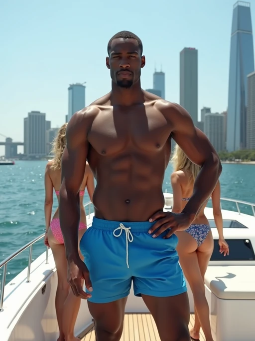 Full-body shot of a model in if(gender=f){white bikini} if(gender=m){blue swim shorts} posing confidently on a luxury yacht, set against a stunning modern city skyline with tall skyscrapers. The model is surrounded by beautiful blonde women in bikini.