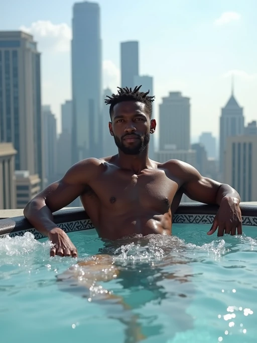 model relaxing in a rooftop jacuzzi with a modern city skyline in the background. models leans casually on the edge of the jacuzzi, with water bubbling around them. The backdrop showcases tall skyscrapers and an urban environment under bright daylight, creating a luxurious, high-end vibe.