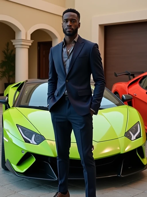 Full-body shot of of model standing next to a luxury car, wearing if(gender=f){an elegant white cocktail dress with high heels} if(gender=m){a sophisticated navy blazer and tailored trousers}. The background features a luxury design villa in Dubai with green, yellow and red sports cars. Vibrant lighting.
