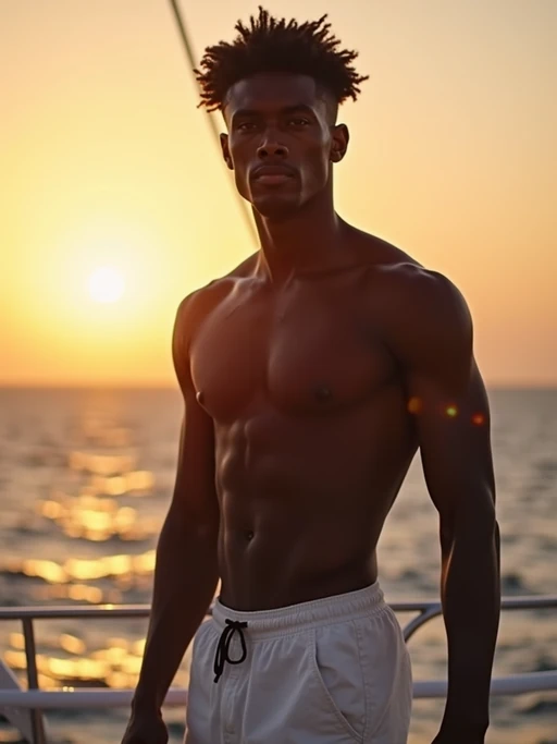 Full-body shot of model posing confidently, on a private yacht with the sunset in the background. Golden hour lighting.