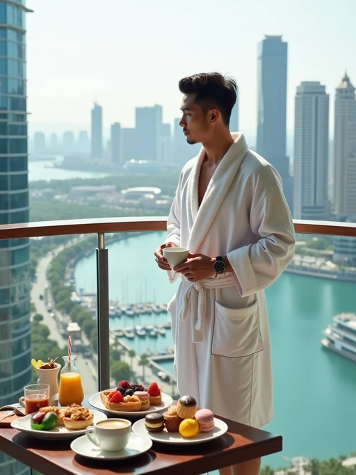 model standing on a luxurious balcony, overlooking a vibrant marina and modern skyscrapers. The model is wearing if(gender=f){a white robe with their hair styled in a ponytail} if(gender=m){a white robe with neatly styled hair}, holding a coffee cup in one hand. A lavish breakfast tray with fresh pastries, colorful fruits, macarons, and beverages is elegantly set on a table in the foreground. The atmosphere is serene, with soft daylight enhancing the opulent cityscape and indulgent setting