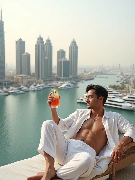 model lounging on a luxurious rooftop terrace overlooking a marina and a modern city skyline. The model is wearing if(gender=f){a white bikinig} if(gender=m){white loose linen attire}, casually holding a tropical drink in one hand. The setting includes yachts in the marina below, tall skyscrapers in the distance, and soft daylight creating a serene and elegant atmosphere. Cinematic framing focuses on the relaxed pose and stunning urban backdrop of Dubai.