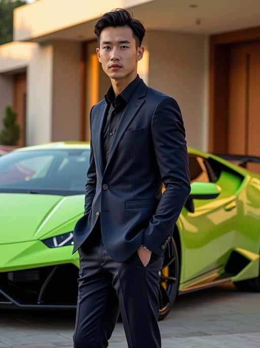 Full-body shot of of model standing next to a luxury car, wearing if(gender=f){an elegant white cocktail dress with high heels} if(gender=m){a sophisticated navy blazer and tailored trousers}. The background features a luxury design villa in Dubai with green, yellow and red sports cars. Vibrant lighting.