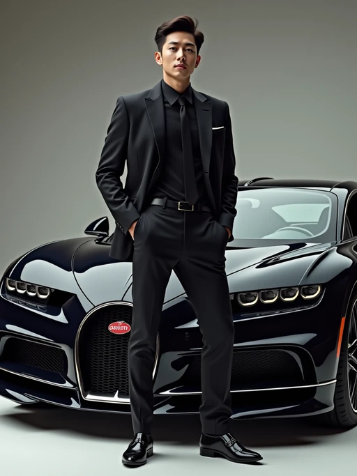 Full-body shot of a confident model standing next to a bugatti sports car. models wears luxurious clothes