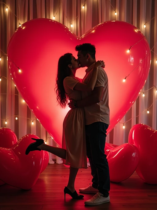 a playful model posing with giant heart decorations, surrounded by roses and festive valentine's lights.