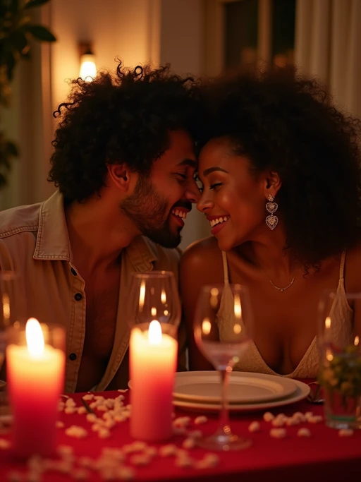 a model enjoying a romantic dinner with candles and soft lighting, set in a warm, valentine's-themed atmosphere.