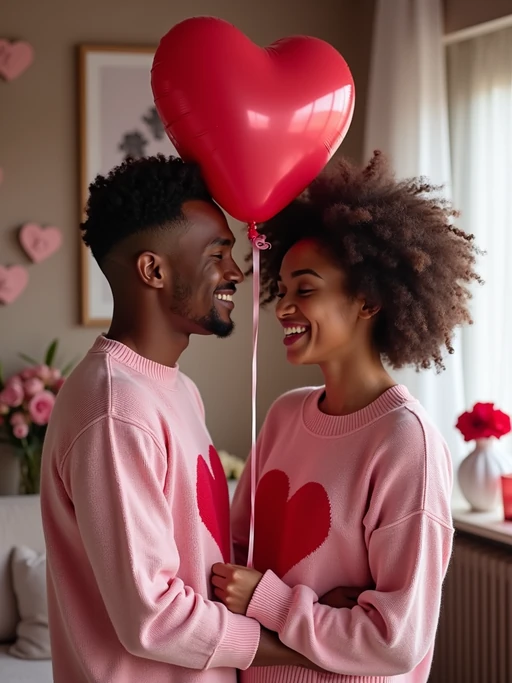 a model wearing a cute, pink valentine's day sweater, holding a heart-shaped balloon in a room filled with romantic decorations.