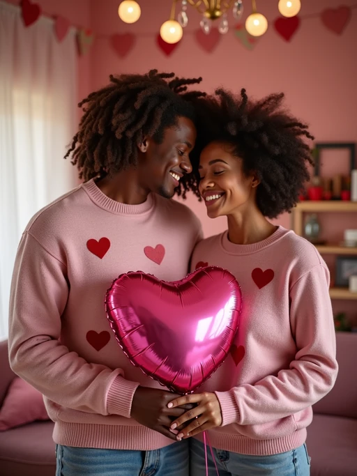 a model wearing a cute, pink valentine's day sweater, holding a heart-shaped balloon in a room filled with romantic decorations.