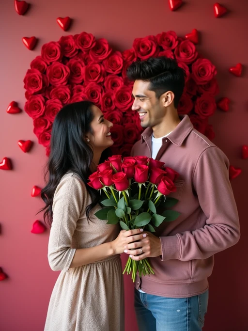model holding a bouquet of roses, smiling in front of a heart-shaped backdrop with valentine's day decorations like chocolates and rose petals.