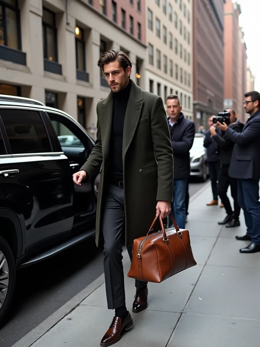 A celebrity leaving a five-star hotel in New York City, getting into a luxury black SUV while paparazzi take photos. The model is wearing if(gender=f){an elegant high-end coat over a stylish dress with statement heels} if(gender=m){a sharp overcoat with polished dress shoes and a leather duffle bag}. The urban cityscape, featuring classic New York architecture, is visible in the background.