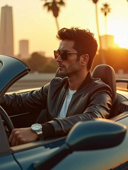 A well-known Hollywood star driving a luxury sports car through Los Angeles, exuding a powerful presence. The model is dressed in if(gender=f){a sleek, form-fitting leather outfit with designer sunglasses} if(gender=m){a luxury bomber jacket with a high-end watch}. The background features palm trees and the L.A. skyline glowing in the golden-hour sunset.