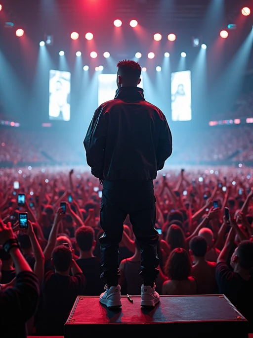 A famous rapper performing at a packed stadium concert, standing on a massive stage with LED screens and special effects. The model is wearing if(gender=f){a bold neon-colored jumpsuit with statement accessories} if(gender=m){a custom oversized leather jacket with designer pants and high-end sneakers}. The audience holds their phones up, capturing the moment.