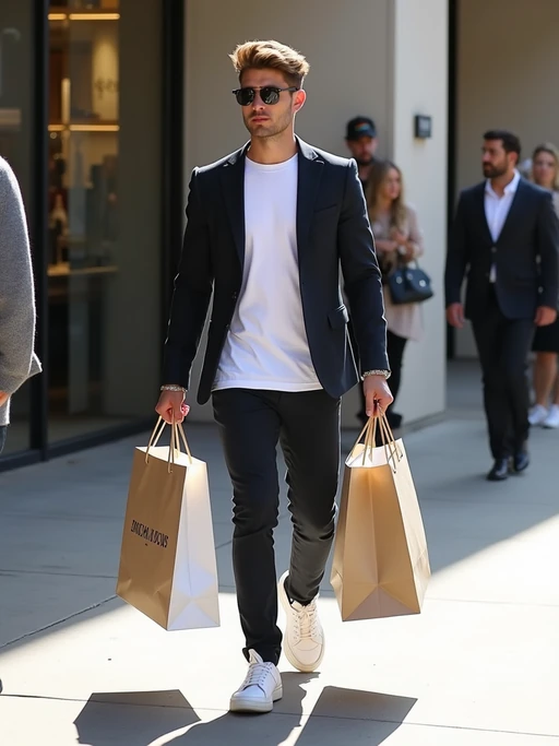 A celebrity being spotted by paparazzi while shopping in Beverly Hills, carrying multiple high-end brand shopping bags. The model is wearing if(gender=f){a stylish designer trench coat with luxury sunglasses and high heels} if(gender=m){a fitted blazer over a plain white tee, paired with designer sneakers}. The setting includes a high-end retail street with boutique storefronts in the background.
