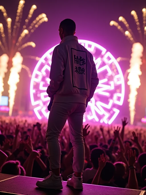 A famous pop star performing live at Coachella, standing on an elaborate stage with vibrant neon lights. The artist is dressed in if(gender=f){a stylish sequined crop top with matching high-waisted shorts and thigh-high boots} if(gender=m){a custom streetwear ensemble with a designer jacket and sneakers}. The crowd waves their hands in excitement as fireworks explode in the background.