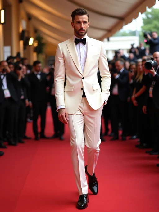 Full-body shot of a famous actor at the Cannes Film Festival, elegantly stepping onto the red carpet. The model is dressed in if(gender=f){a flowing couture dress with diamond accessories} if(gender=m){a tailored white tuxedo with sleek black dress shoes}. The scene is filled with flashing cameras and luxurious event decorations.