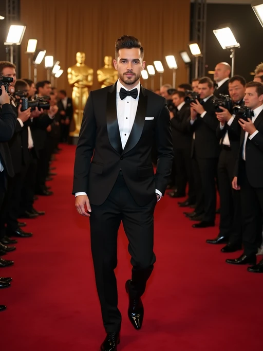 A stunning celebrity walking down the red carpet at the Oscars, posing confidently under the bright flashes of cameras. The model is wearing if(gender=f){a shimmering floor-length designer gown with elegant jewelry} if(gender=m){a fitted black tuxedo with a sleek bow tie}. The backdrop features Oscar statuettes and a crowd of photographers capturing the glamorous moment.