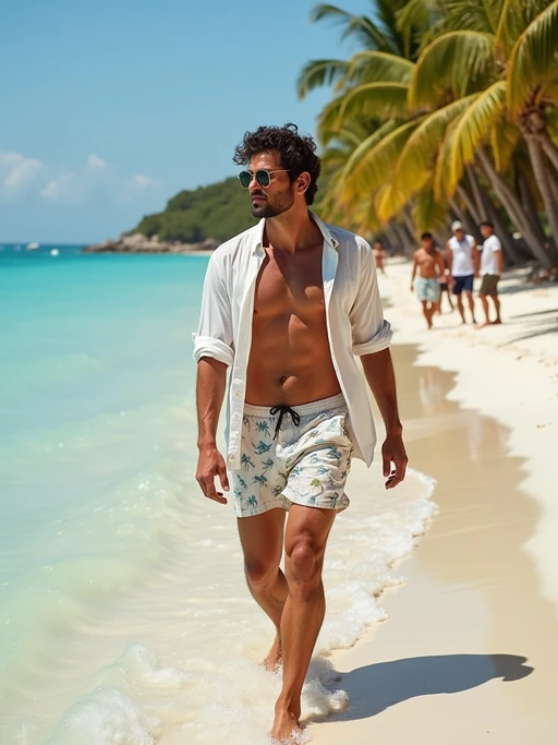 A celebrity spotted by paparazzi at a luxury beach resort, walking along the shoreline in if(gender=f){a stylish designer bikini with oversized sunglasses and a sheer cover-up} if(gender=m){designer swim trunks with a loose button-up shirt}. The sun glows on their skin as they glance over at the cameras, maintaining a cool and confident expression. The backdrop features a turquoise ocean, soft white sand, and palm trees swaying in the breeze, creating a perfect vacation scene.