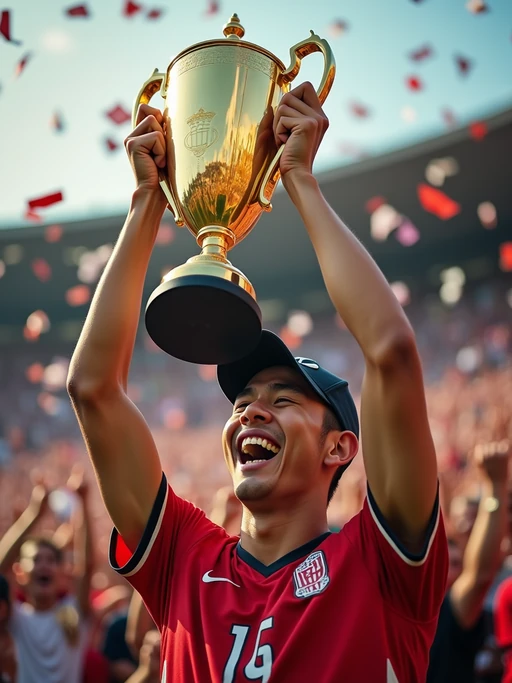 A famous athlete celebrating a championship victory, holding up a golden trophy while confetti falls around them. The model is wearing if(gender=f){a sleek sports outfit with custom team branding} if(gender=m){a fitted championship jersey with a victory cap}. The roaring crowd in the background adds to the celebratory atmosphere.